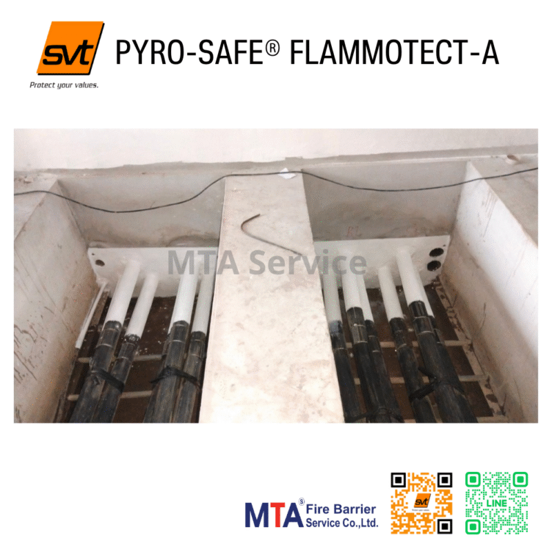 SVT-PYRO-SAFE FLAMMOTECT-A: ภาพระยะใกล้ของฉลากผลิตภัณฑ์ที่แสดงชื่อผลิตภัณฑ์ ผู้ผลิต (SVT) และการรับรองมาตรฐานความปลอดภัยจากอัคคีภัยที่เกี่ยวข้องอย่างชัดเจน พื้นหลังแสดงสถานการณ์การใช้งานทั่วไป