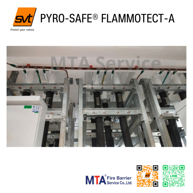 ภาพการติดตั้งที่แสดงการใช้งาน SVT-PYRO-SAFE FLAMMOTECT-A ในหลายๆ จุด ช่องเจาะต่างๆ เช่น รางสายไฟและท่อร้อยสาย ถูกปิดผนึกด้วยวัสดุกันไฟสีเทา เพื่อให้มั่นใจในการแบ่งส่วนป้องกันไฟ
