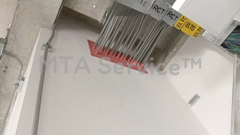 ตรวจสอบงานติดตั้ง Fire Barrier ผนัง Metacaulk MC1200 Spray พร้อมป้ายบันทึกมาตรฐาน