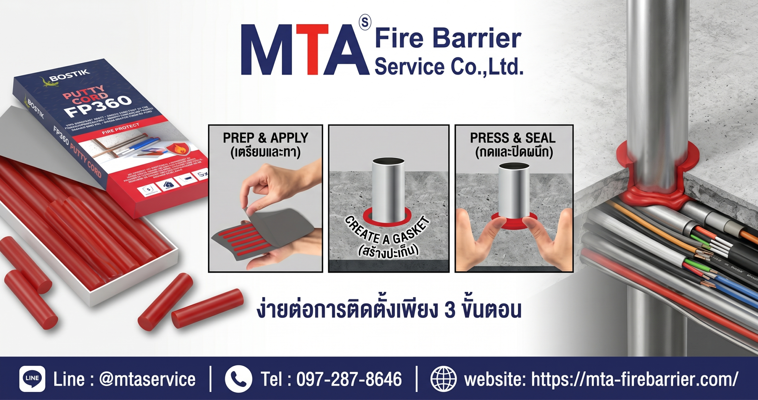 การใช้งาน BOSTIK FP360 Putty Cord สำหรับอุดช่องเปิดรอบสายไฟและท่อในระบบ Fire Barrier