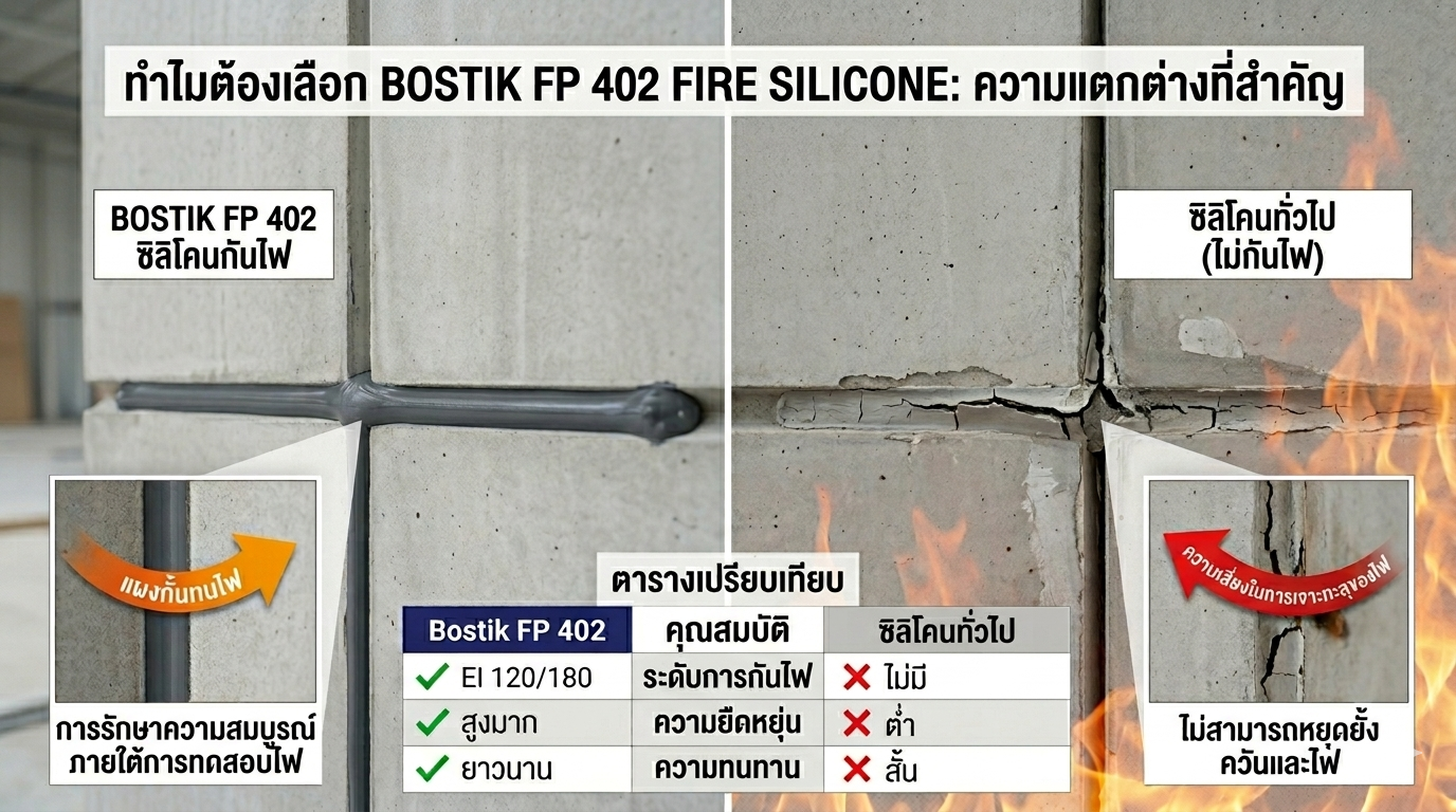 ภาพเปรียบเทียบการใช้งาน Bostik FP 402 ซิลิโคนกันไฟ กับซิลิโคนทั่วไปในงานรอยต่อโครงสร้าง แสดงให้เห็นประสิทธิภาพความทนทานและการรักษาความสมบูรณ์ภายใต้การทดสอบไฟของ Bostik ในขณะที่ซิลิโคนทั่วไปเกิดการแตกร้าวและไม่สามารถหยุดยั้งควันและไฟได้ พร้อมตารางเปรียบเทียบคุณสมบัติ