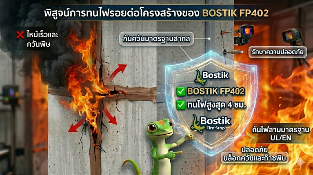 ภาพเปรียบเทียบประสิทธิภาพการทนไฟของรอยต่อโครงสร้าง ระหว่างฝั่งซ้ายซิลิโคนทั่วไปที่ไหม้เร็วและปล่อยควันพิษ กับฝั่งขวาซิลิโคนทนไฟ Bostik FP402 ที่มีมาสคอตตุ๊กแกสีเขียวชี้ไปยังโล่ป้องกันไฟลามมาตรฐาน UL/EN ซึ่งระบุว่าทนไฟสูงสุด 4 ชั่วโมง บล็อกควันและก๊าซพิษได้อย่างปลอดภัย
