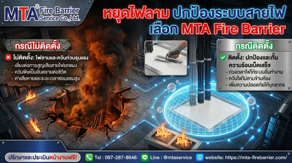 ภาพเปรียบเทียบการติดตั้งและไม่ติดตั้งระบบป้องกันไฟลาม Fire Barrier สำหรับระบบสายไฟในอาคาร โดย MTA Fire Barrier Service โทร 097-287-8646